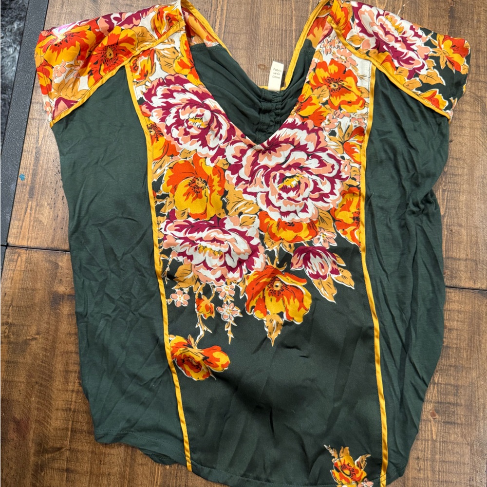Anthropologie light weight silk floral top with drawstring back detail